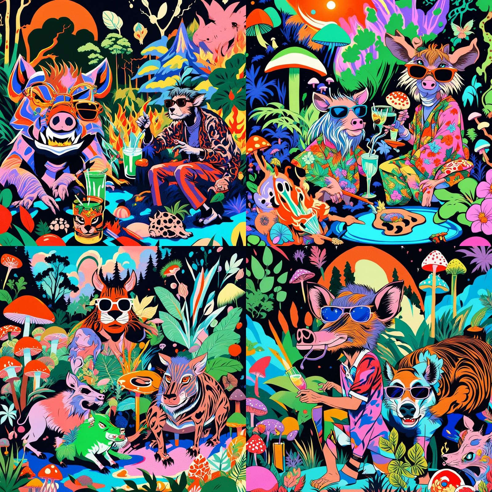 Wild Boar and Cougar Enjoying Tropical Drinks