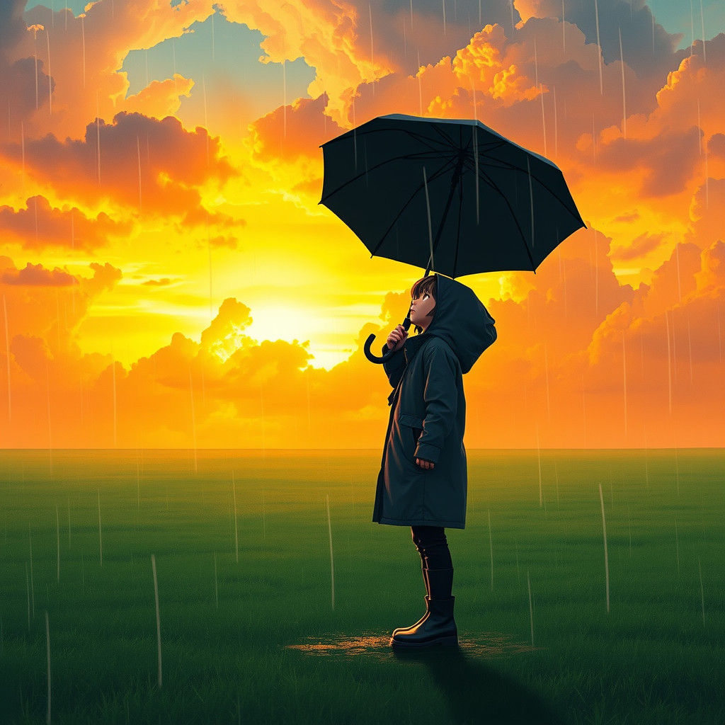Girl with Umbrella Gazing at Rainy Sunset