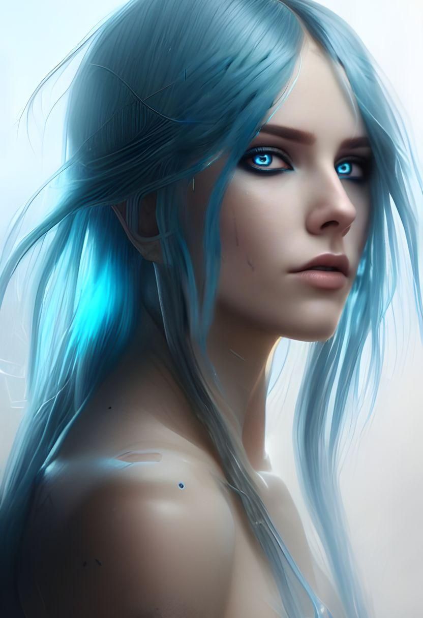 Cyberpunk Goddess with Blue Hair, Digital Illustration