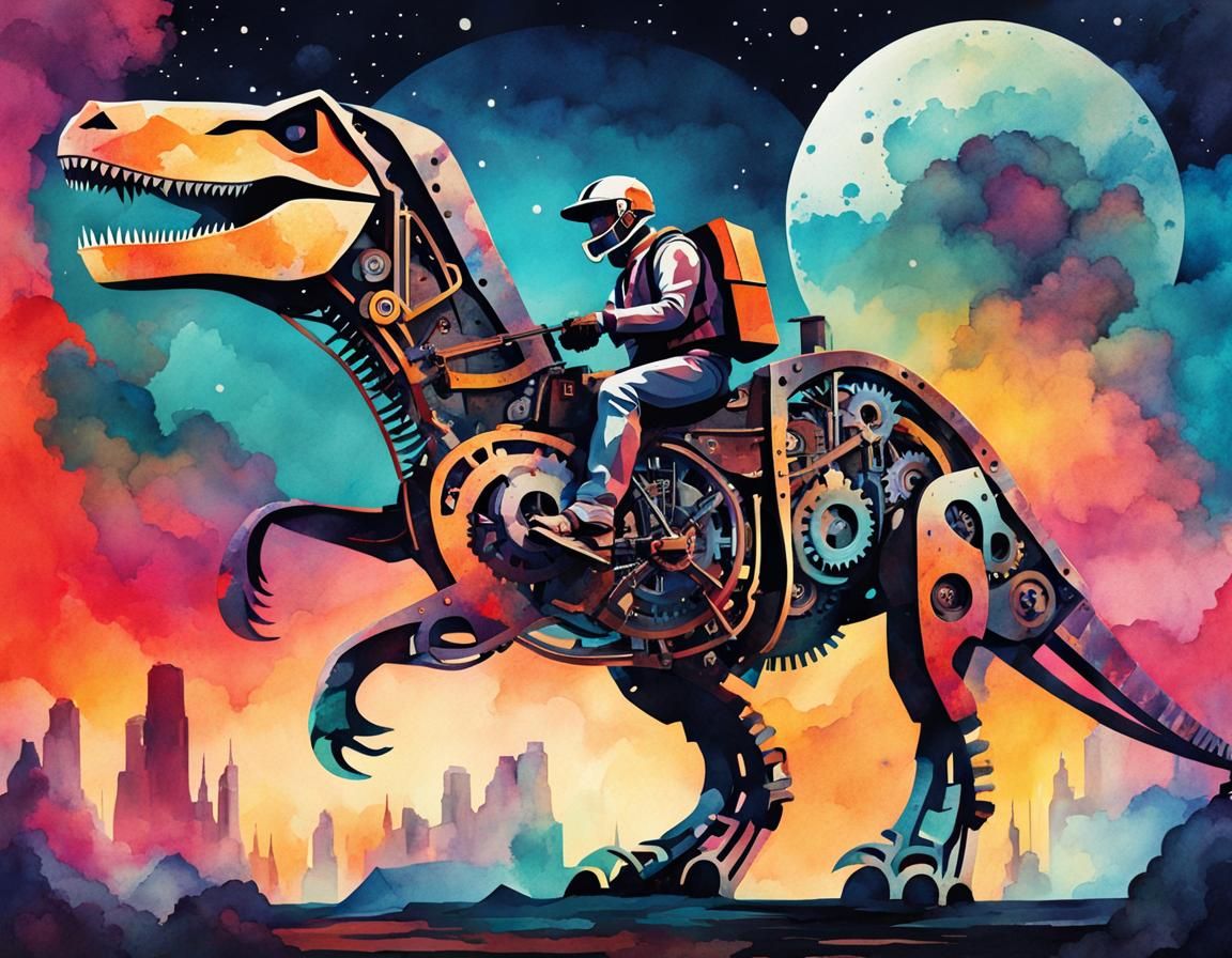 Mechanical T-Rex with Cyborg Rider in Watercolor