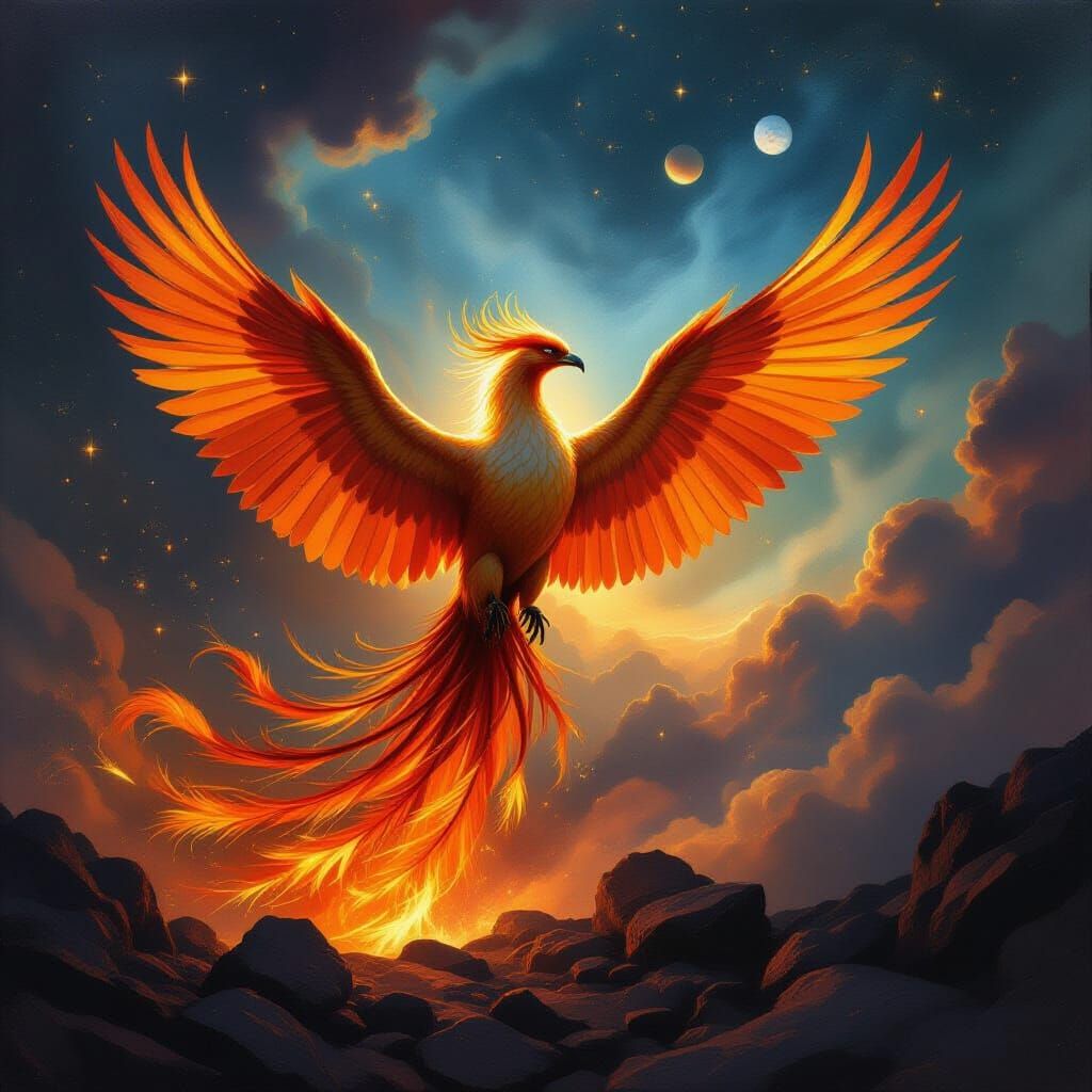 Majestic Phoenix Rises from Ashes in Nebula