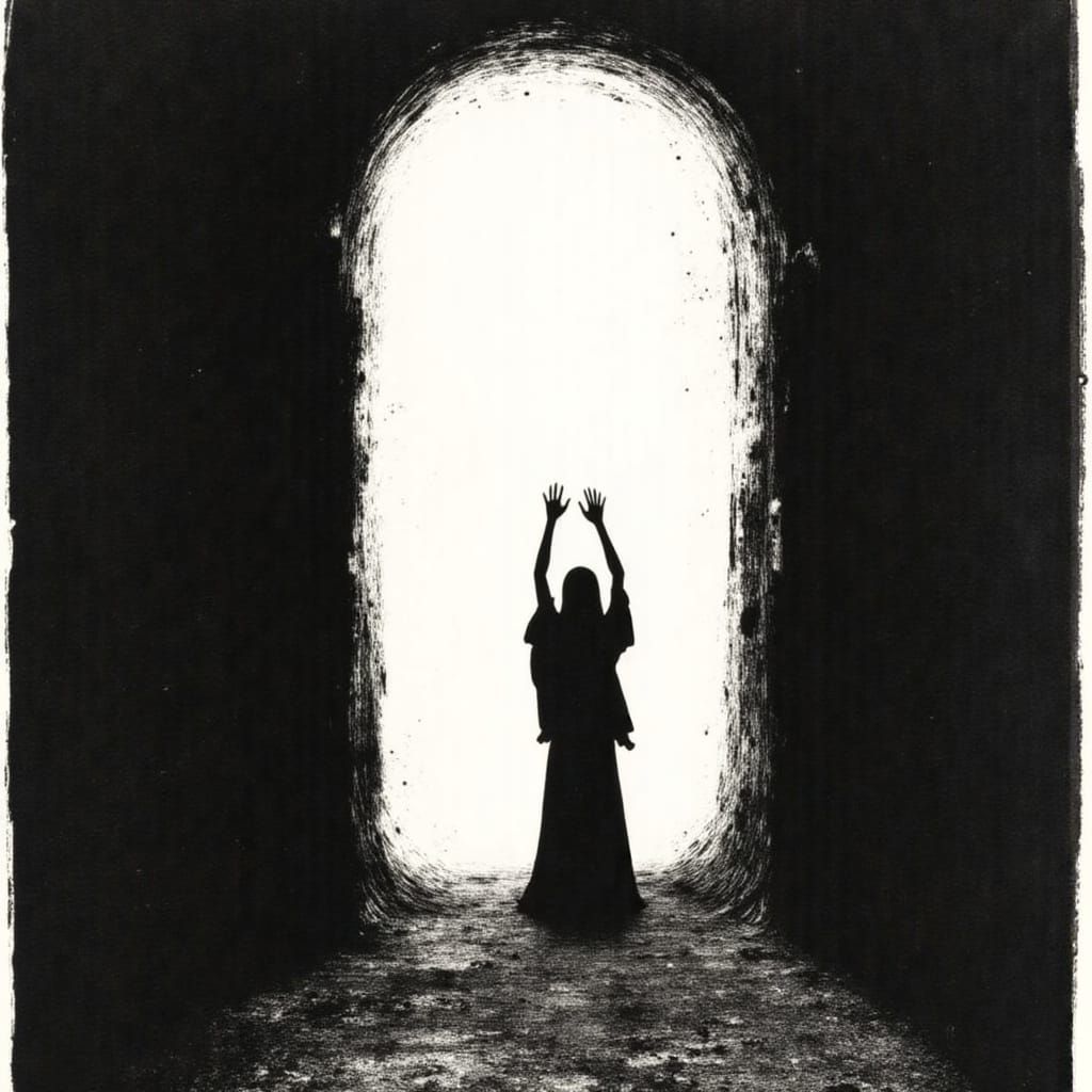 Devotional Figure Reaching Upward in Stark Woodcut Style