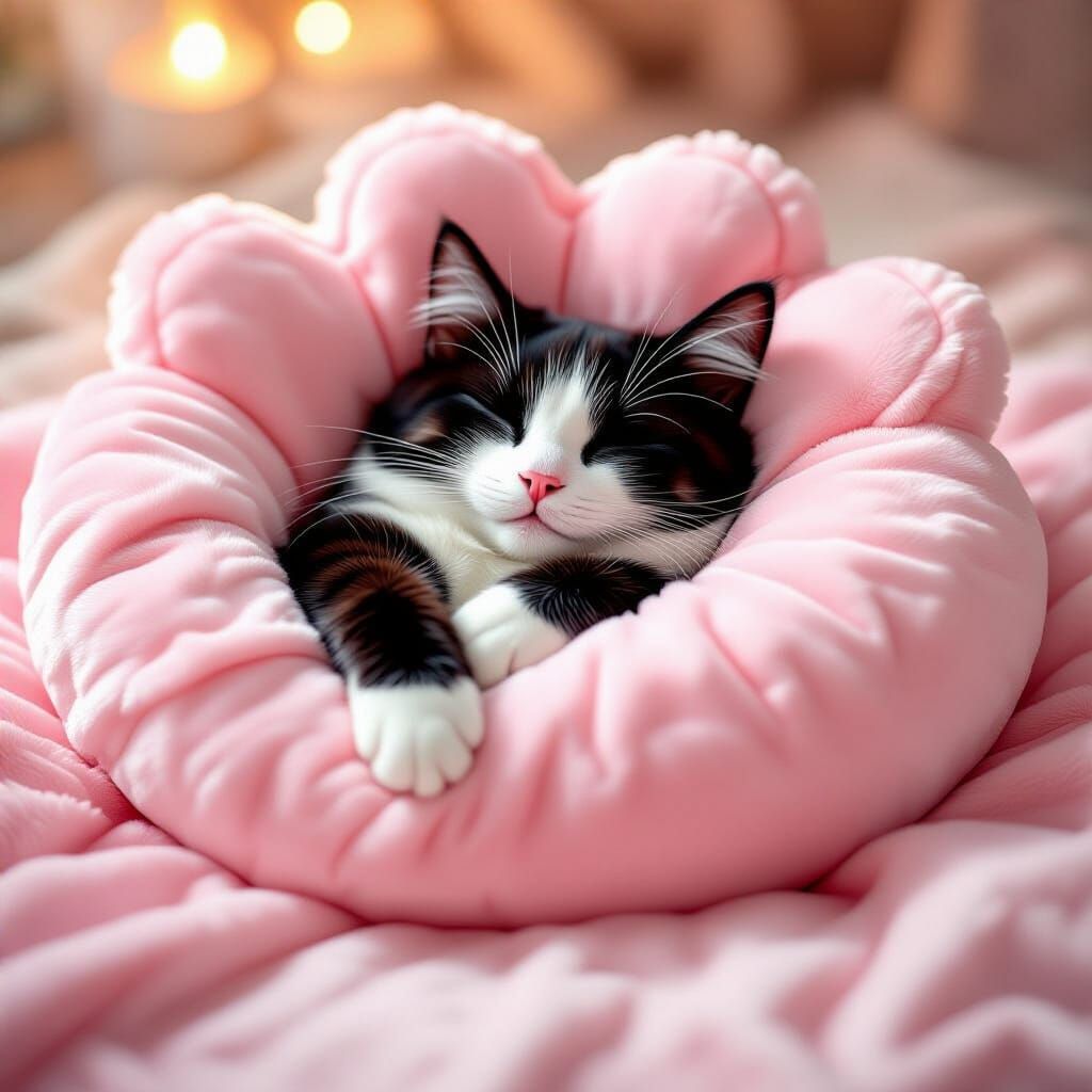 Realistic Cat Sleeping in Pink Paw Bed, Photorealistic Style