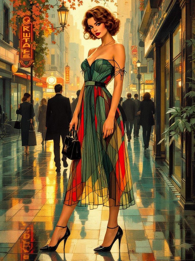 Art Nouveau Pin-Up Woman on Wet City Sidewalk