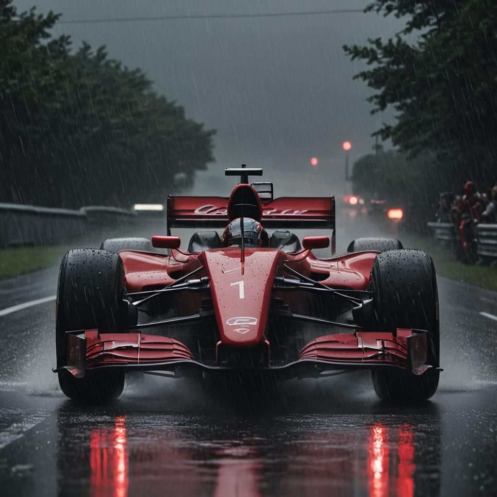 Red F1 Car on Rain-Soaked Track in Film Noir