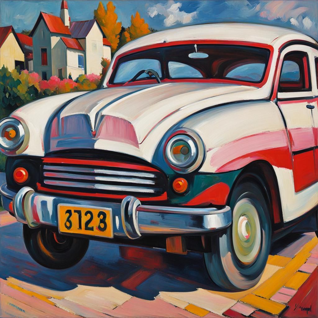 Robot Cleans Car in Expressionist Style