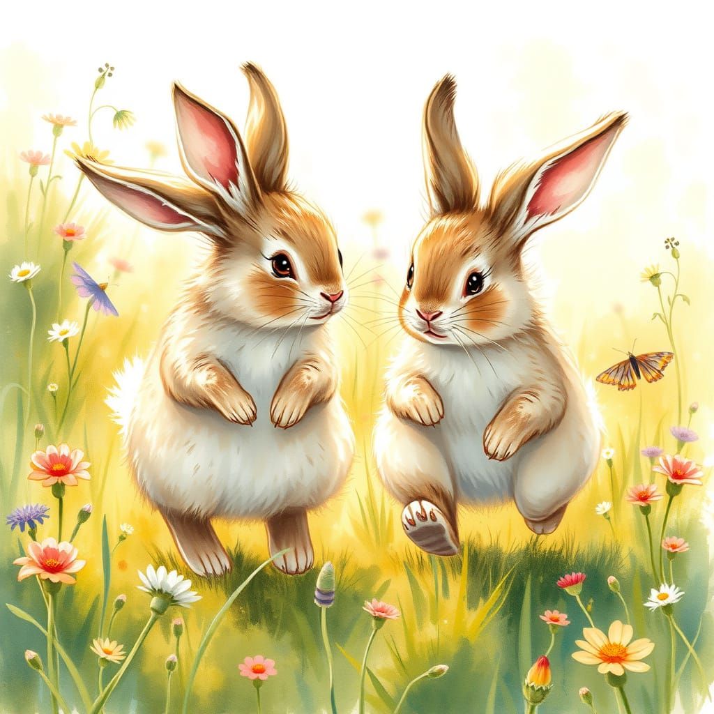 Whimsical Bunnies in a Watercolor Meadow