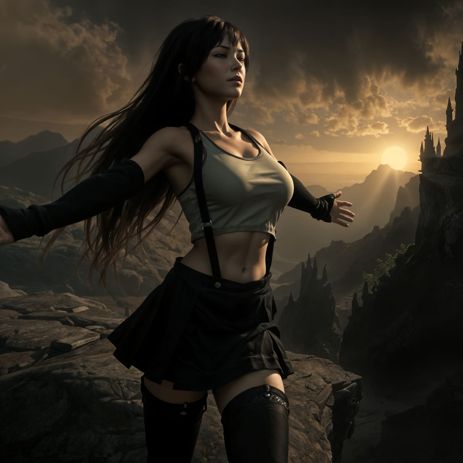 Cinematic Cliffside View of Tifa in Dark Souls Style