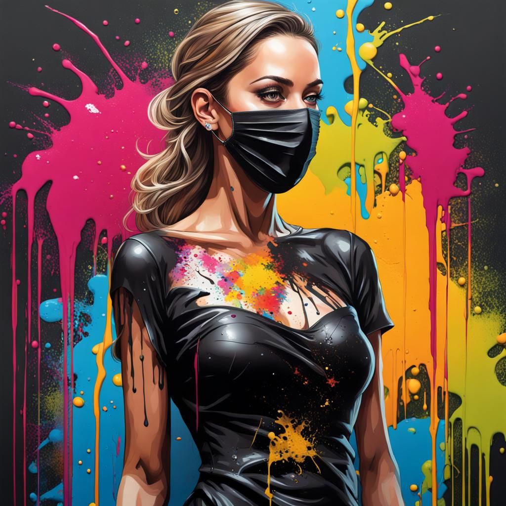 Beautiful Woman in Mask: Graffiti Street Art