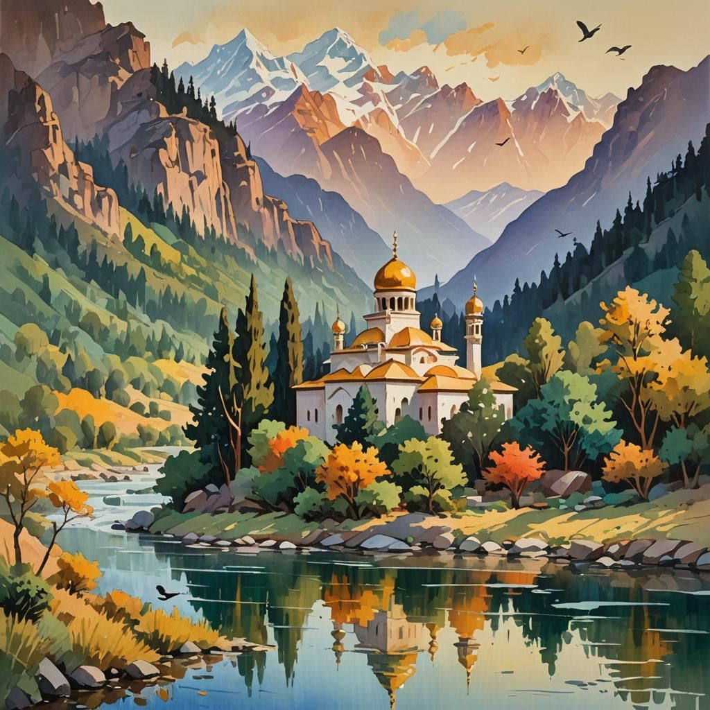 Impressionist Mosque by River Gouache Painting