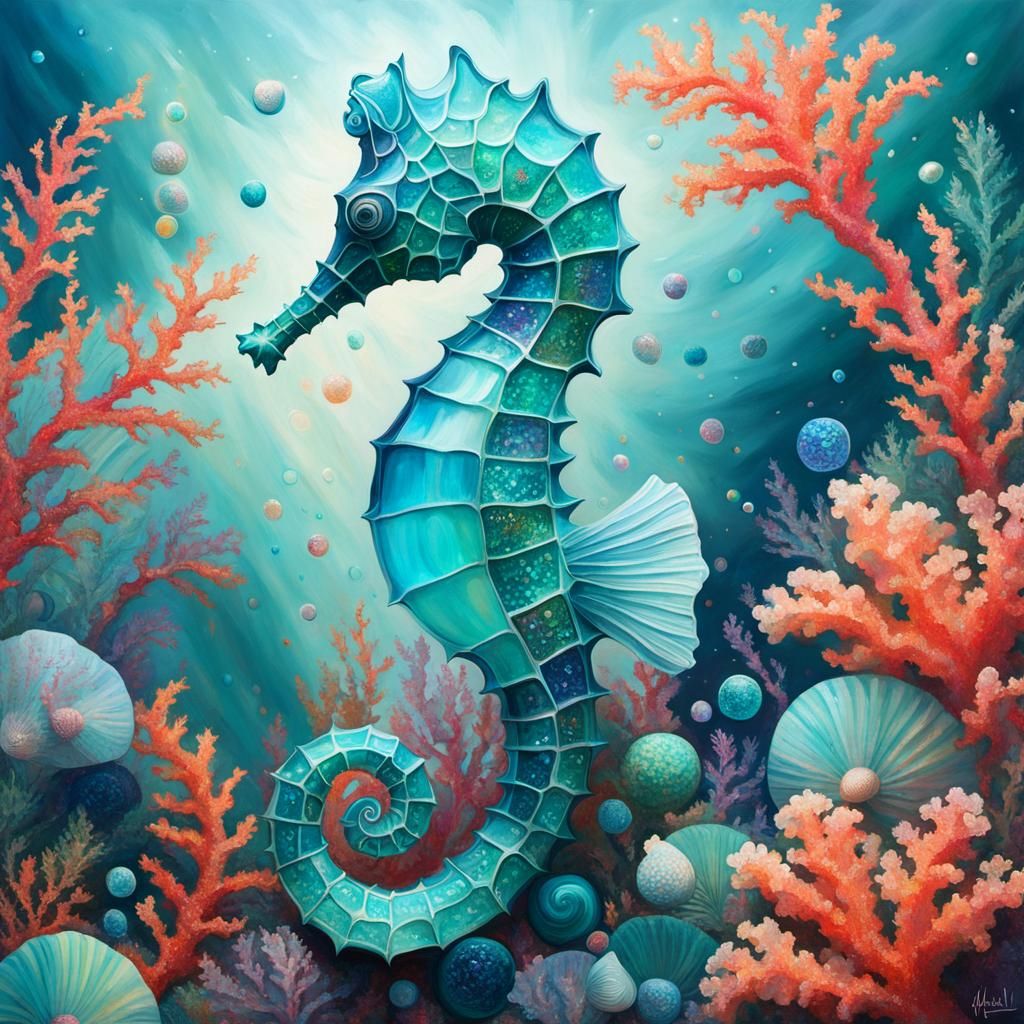 Cosmic Crystalline Seahorse in Impressionist Style