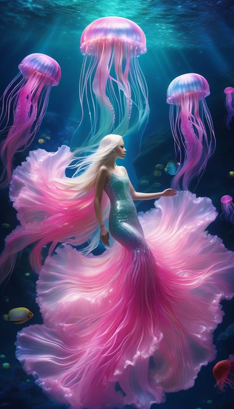 Upside-Down Mermaid with Jellyfish in Digital Painting
