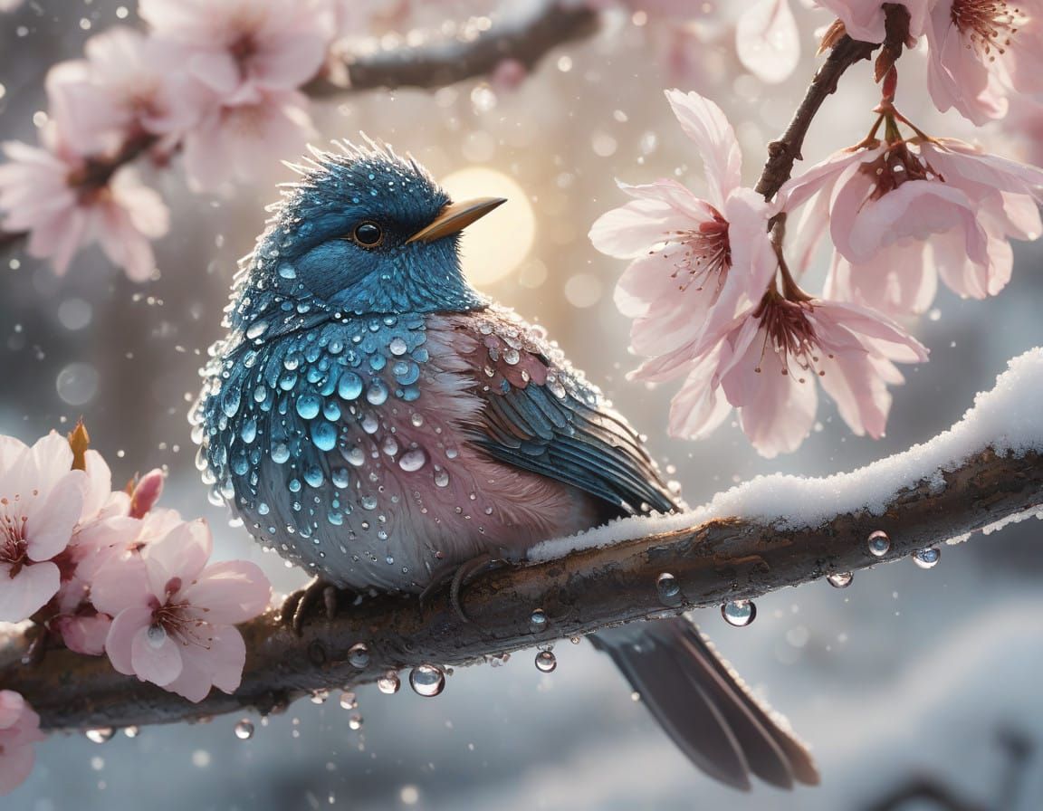 Ethereal Twitterbird Perched on Cherry Blossom Branch