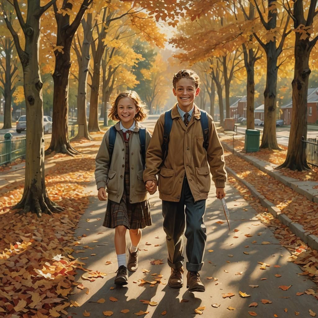Children Walking to School in Autumn Light