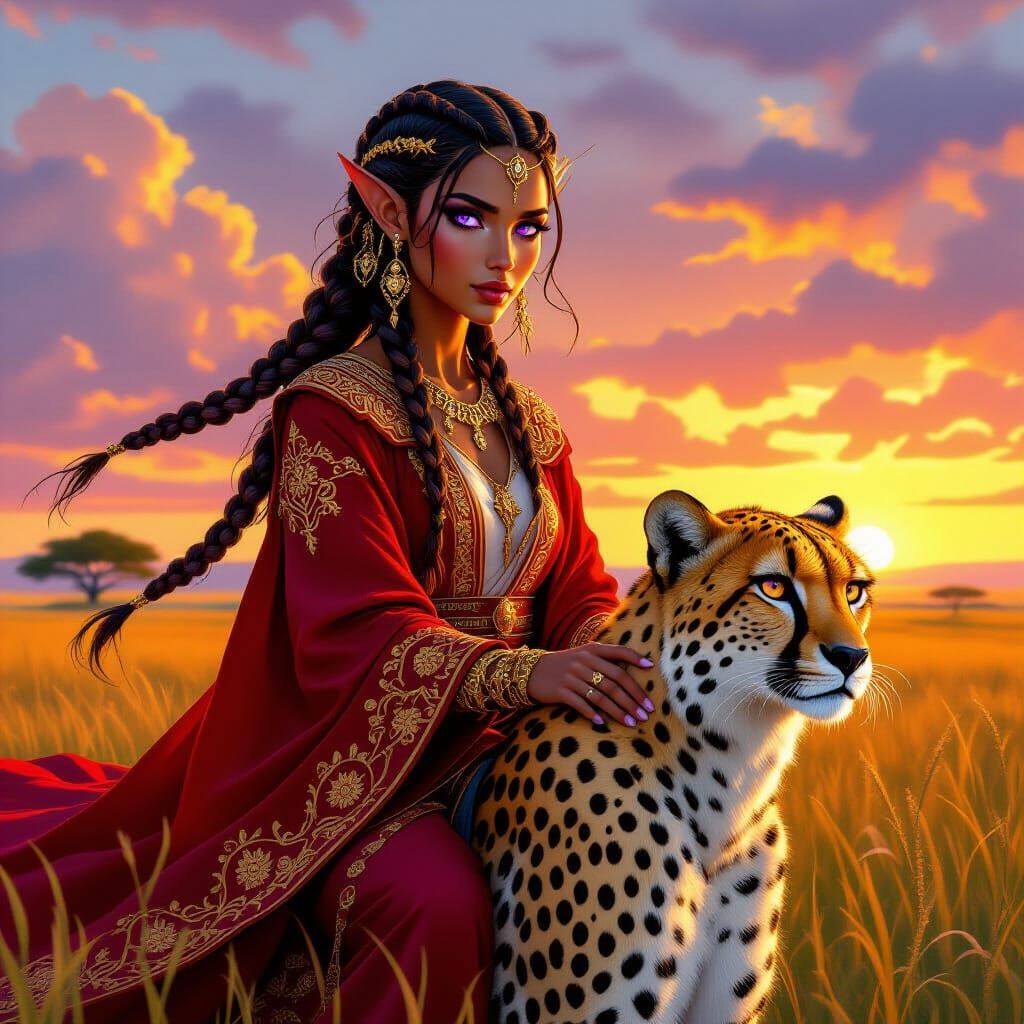 Regal Elf Rides Cheetah Across Savannah at Sunrise