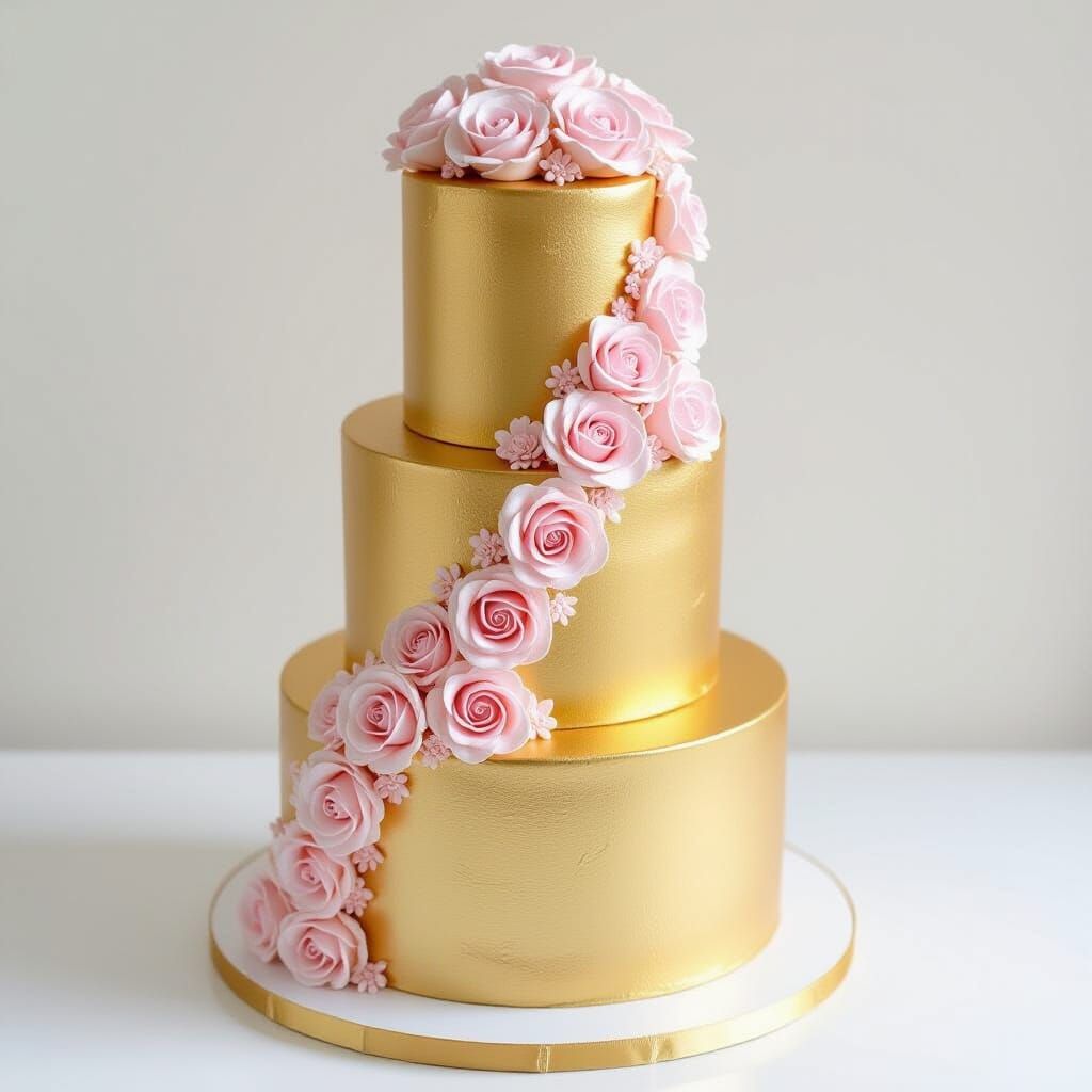 Golden Iced 5 Tier Cake with Rose Decorations