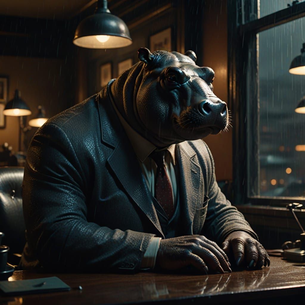 Anthropomorphic Hippopotamus as a private investigator