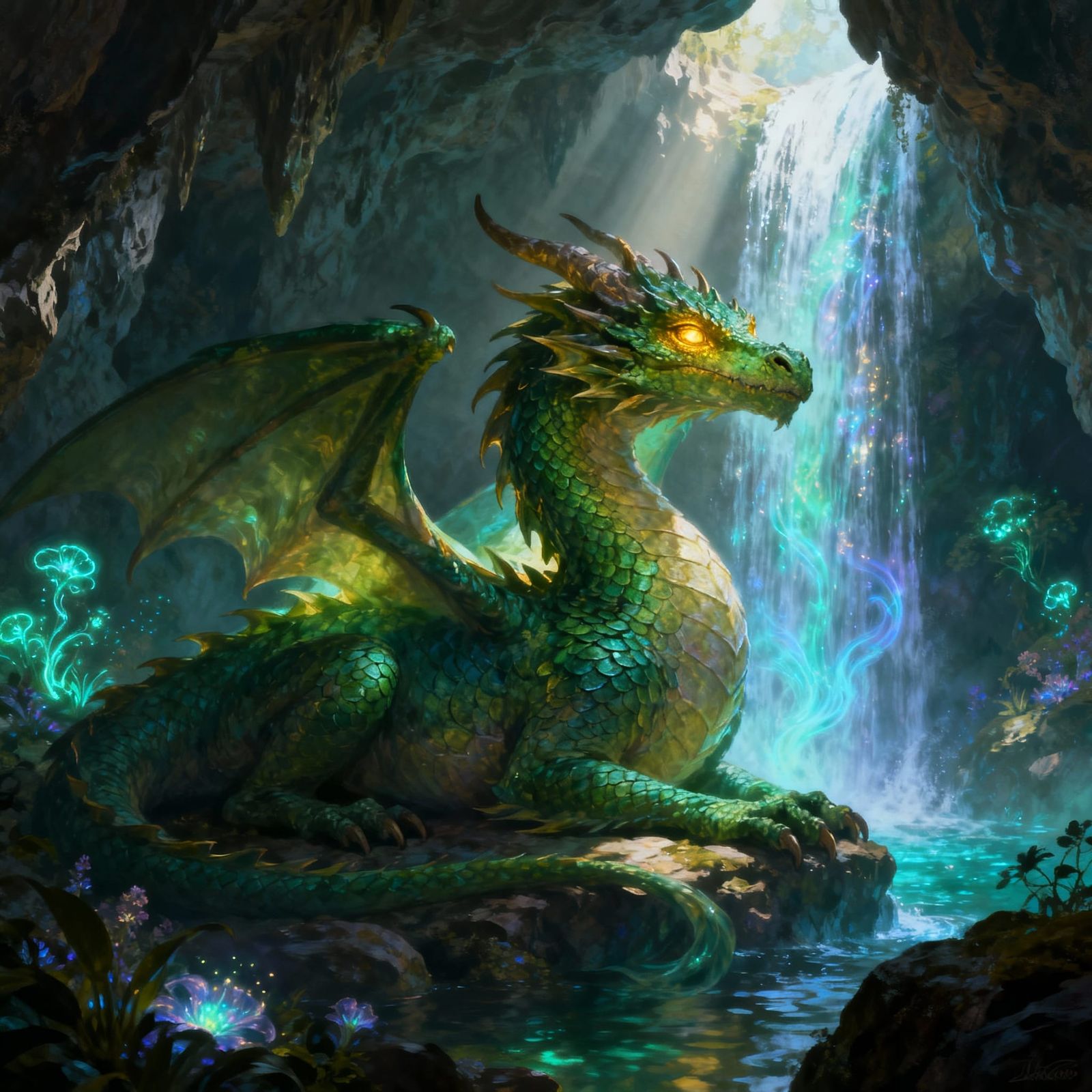 Emerald Dragon by Ethereal Waterfall in Magical Grotto