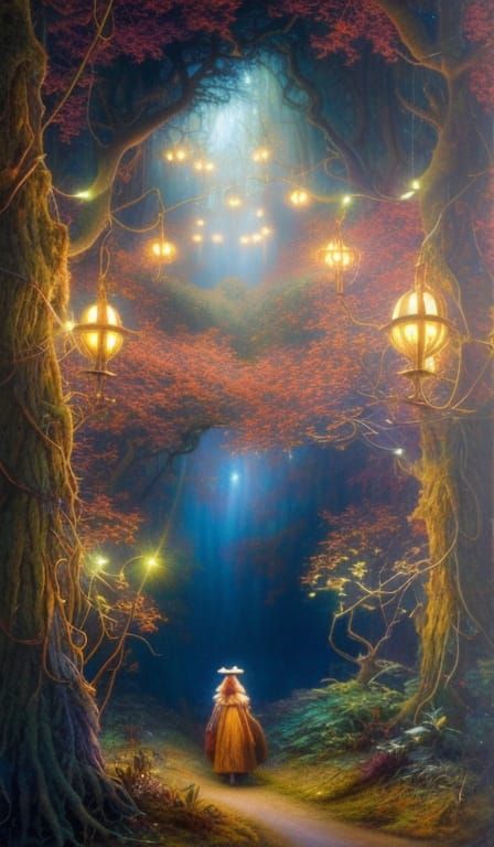Enchanted Forest with Fairy Lights: Fantasy Oil Painting
