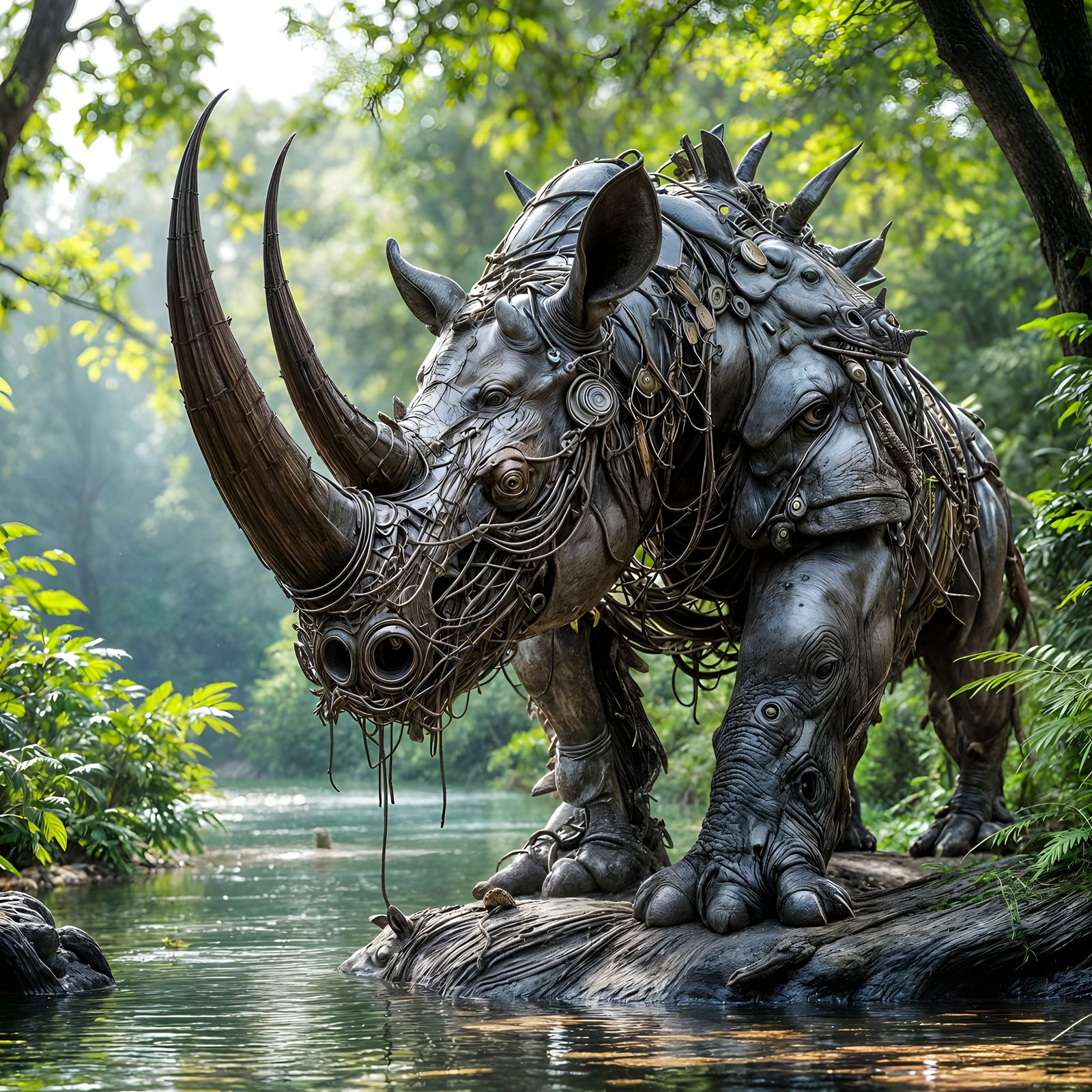 Surreal Metal Rhino Statue Emerges from Jungle Landscape