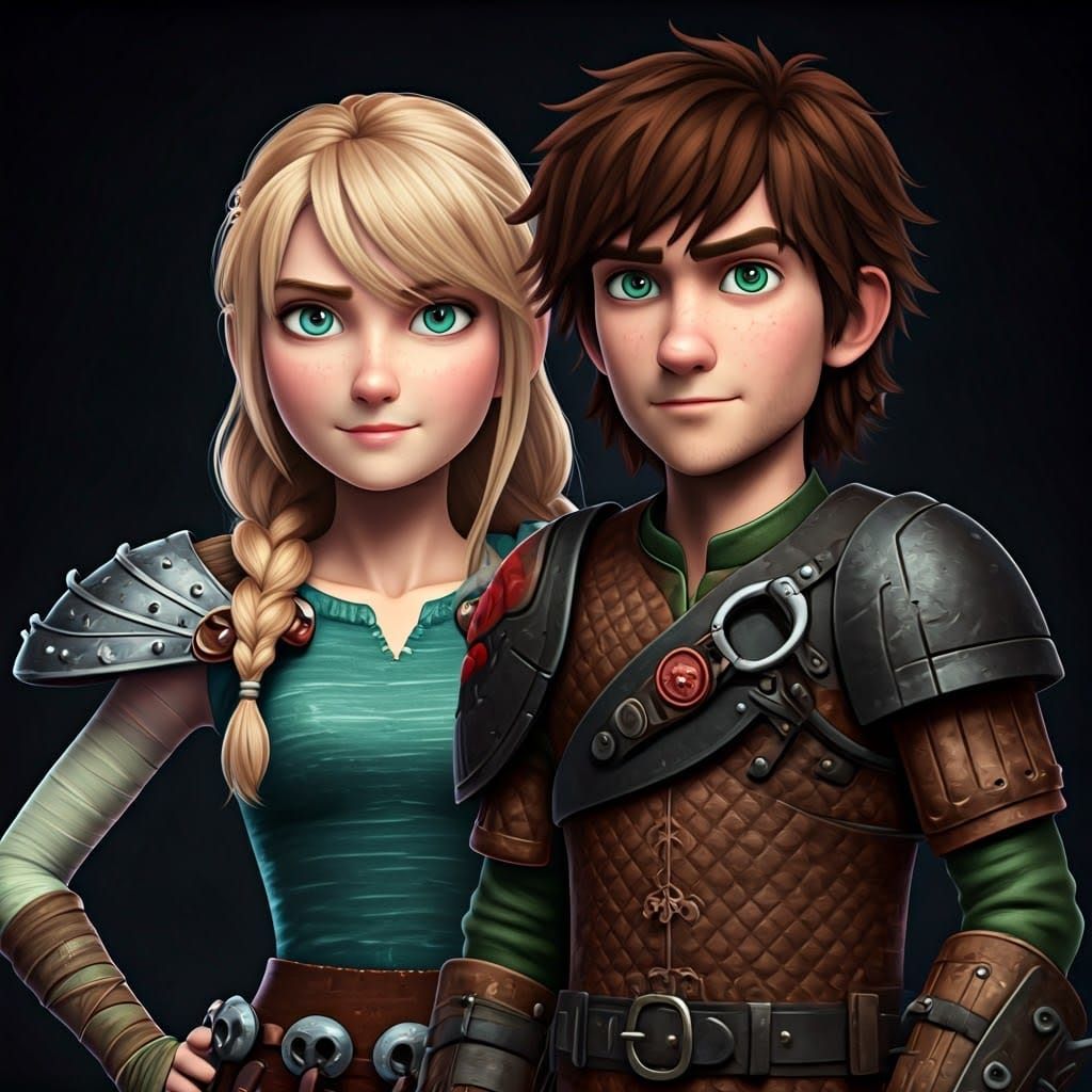Young Hiccup Haddock Standing with Astrid Hofferson in Anime...