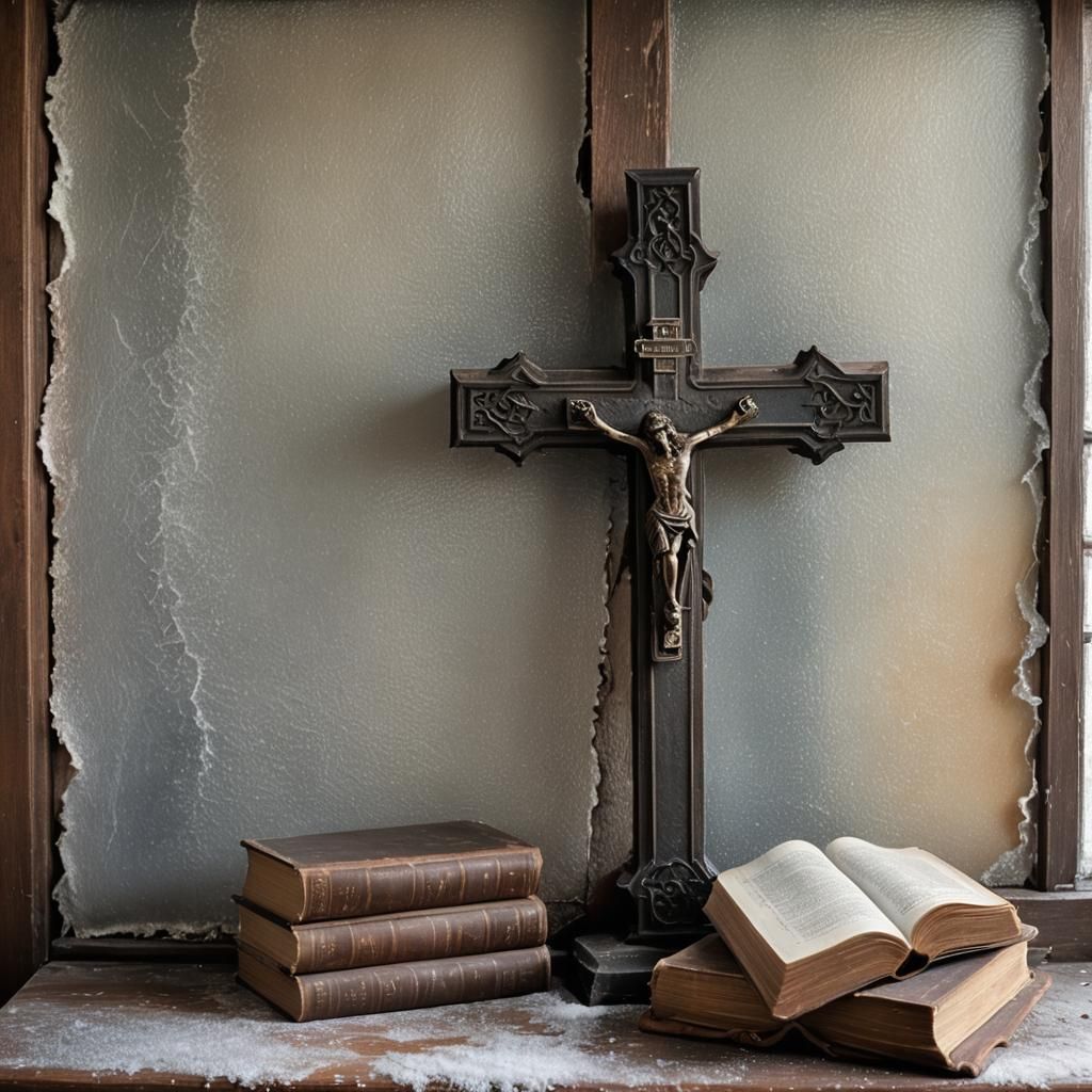 Antique Cross and Bible by Fireplace