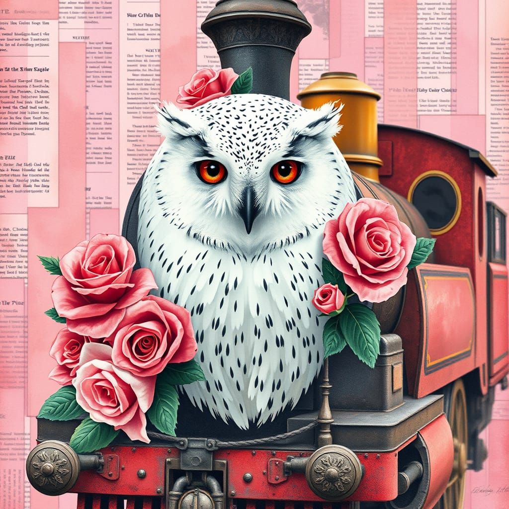 Victorian Owl-Train with Roses in Watercolour Style