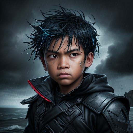 Determined Boy Bravely Faces Stormy Winds and Rain