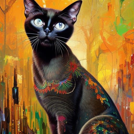Ceremonial Siamese Cat in Detailed Oil Painting Style