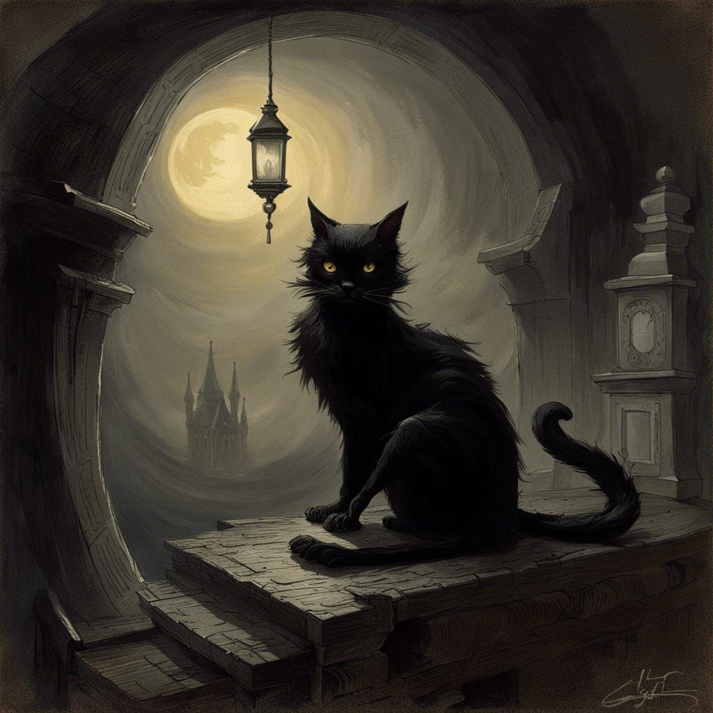 Black Cat Horror in Doré Engraving Style