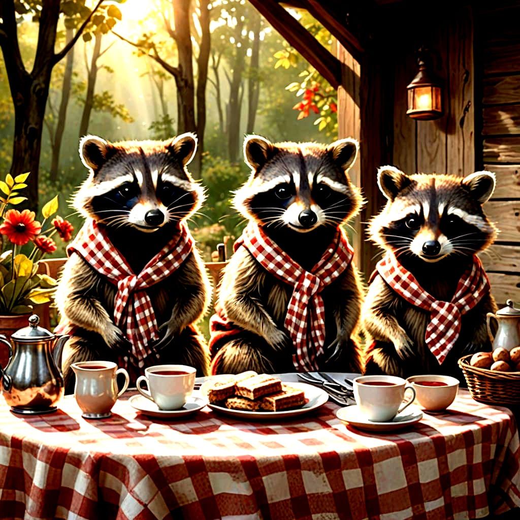 Raccoons Enjoy Red Gingham Table Setting