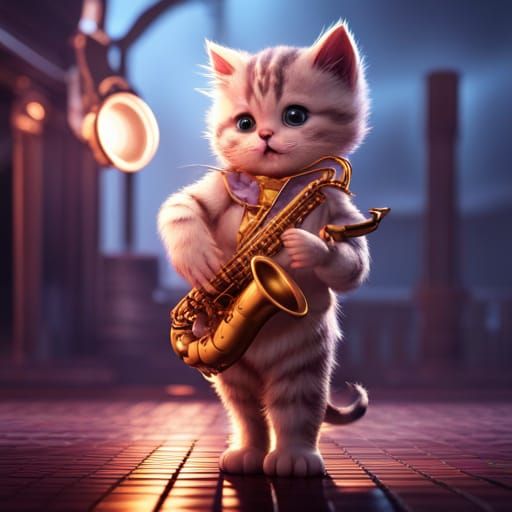 Cute Kitten Plays Saxophone: Detailed Digital Art
