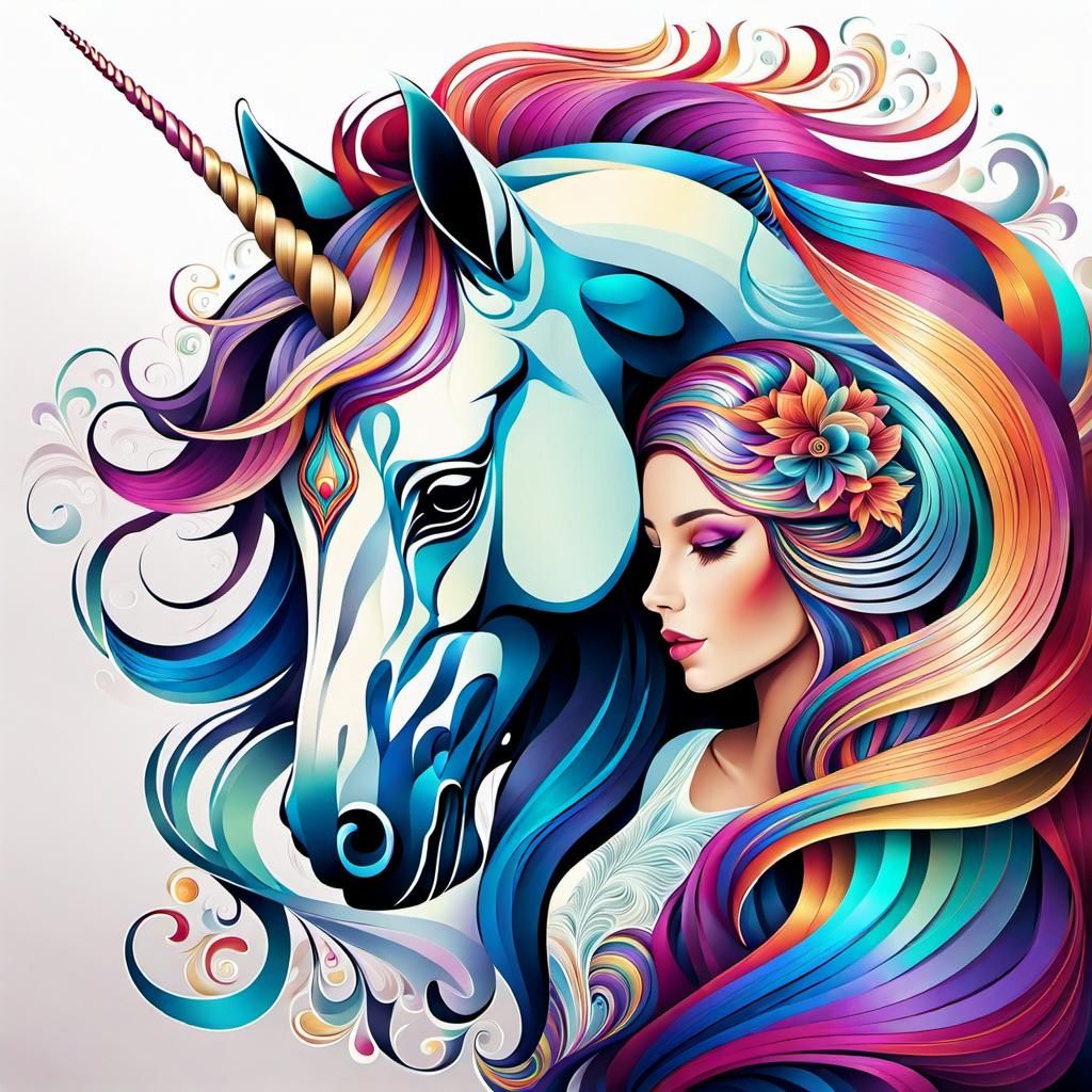 Girl and Unicorn in Art Nouveau Style
