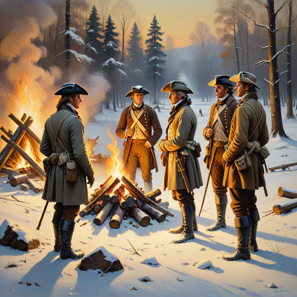 Colonial Soldiers Gather Around a Winter Bonfire in a Warm O...