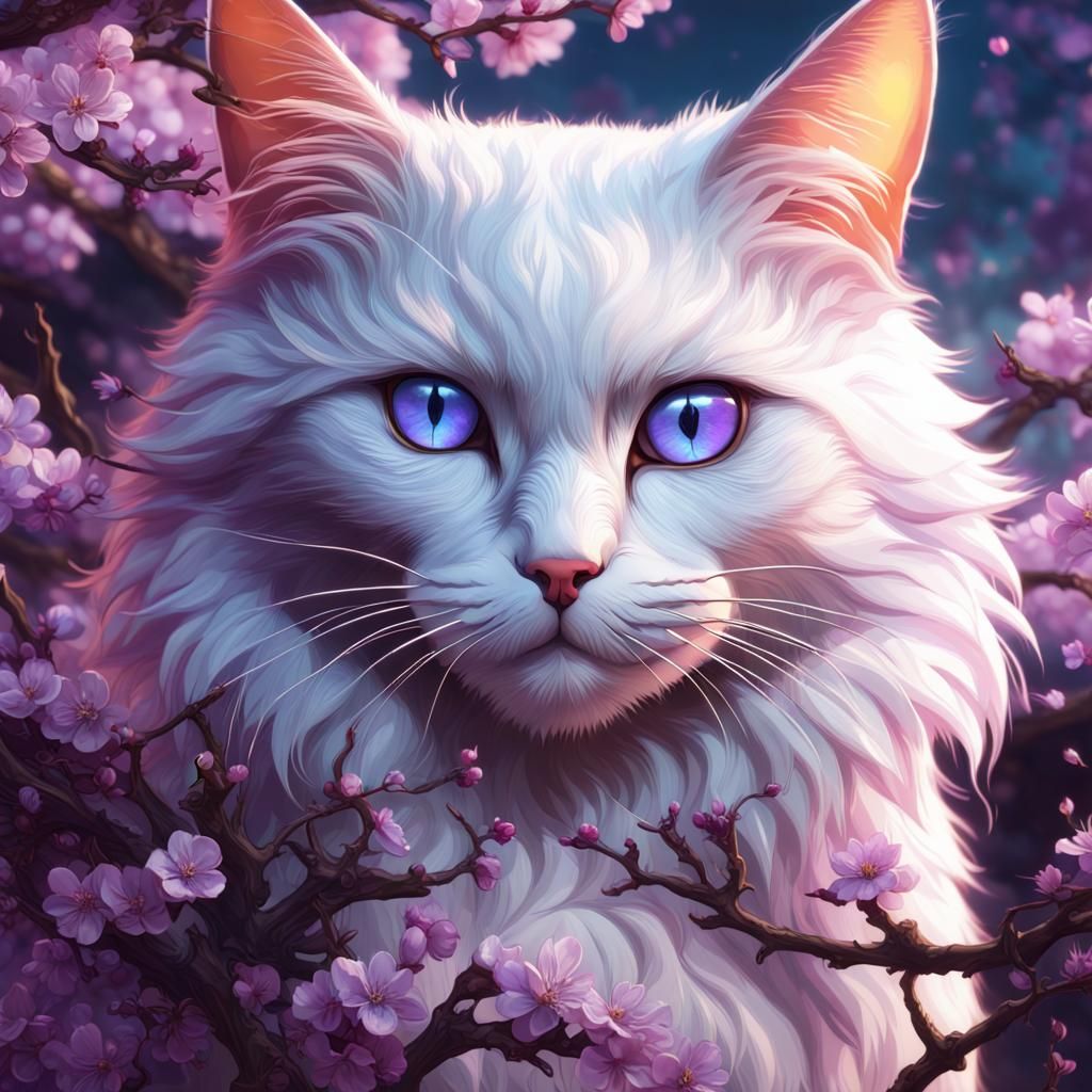 Cherry Blossom Cat with Blue Eyes, Dark Fantasy Art