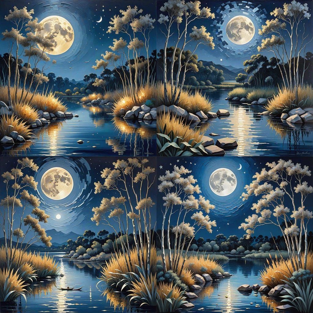 Golden Harvest Moon Over Eucalyptus Wetland in Papercraft St...