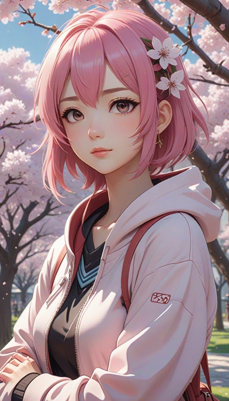 Anime Girl with Cherry Blossoms in 3D Art