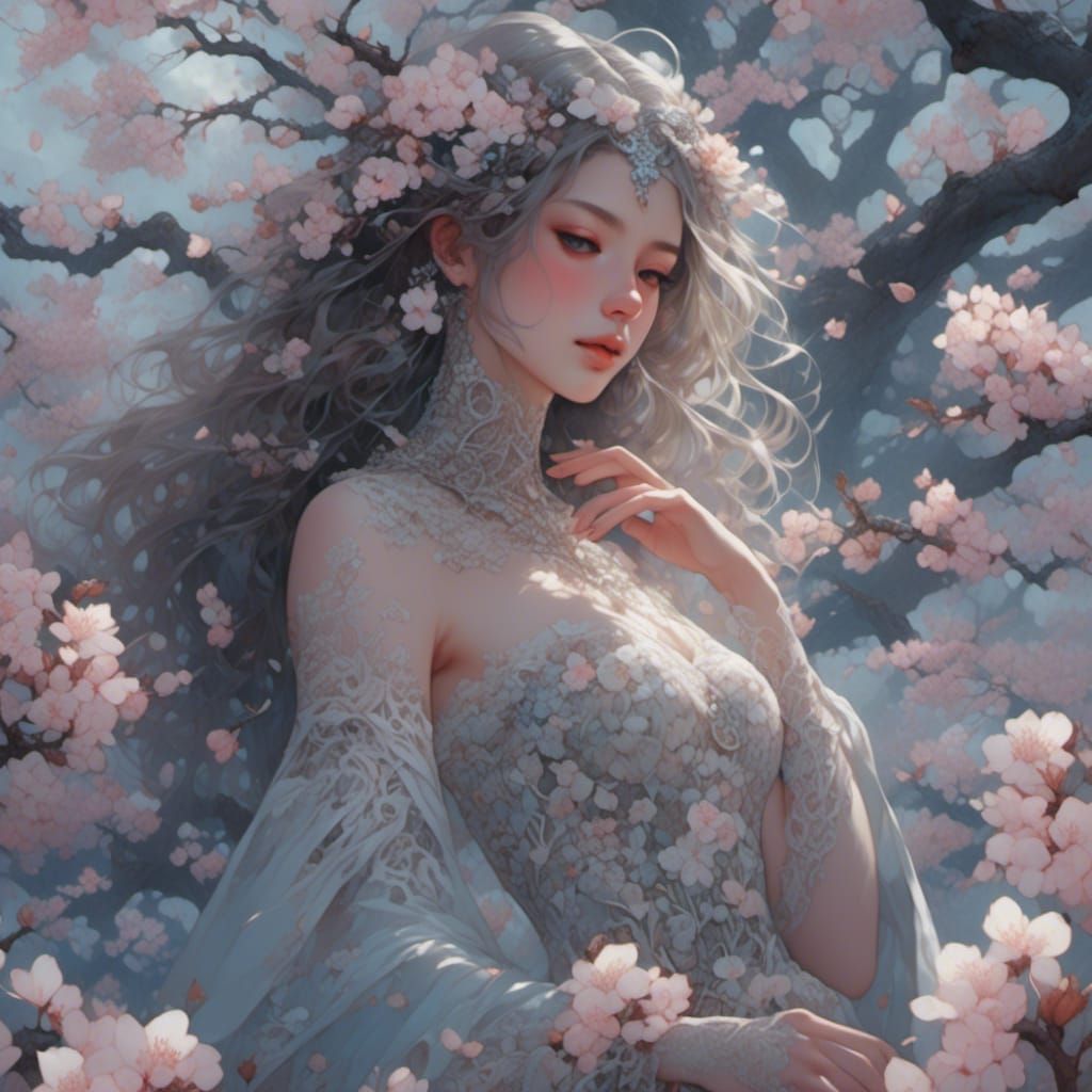Girl in Almond Blossom Grove with Fractal Lace