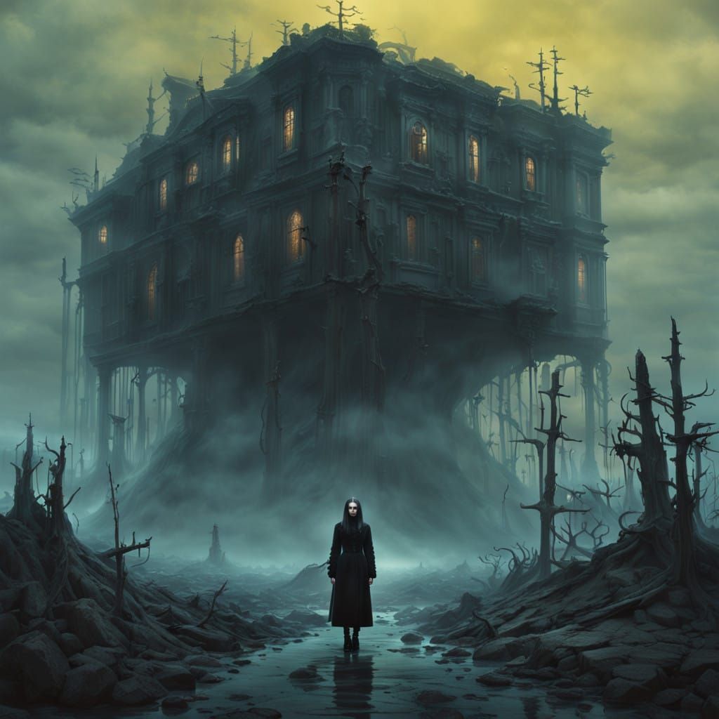 Mysterious Goth Fashion Model in a Dark, Dreamlike Landscape