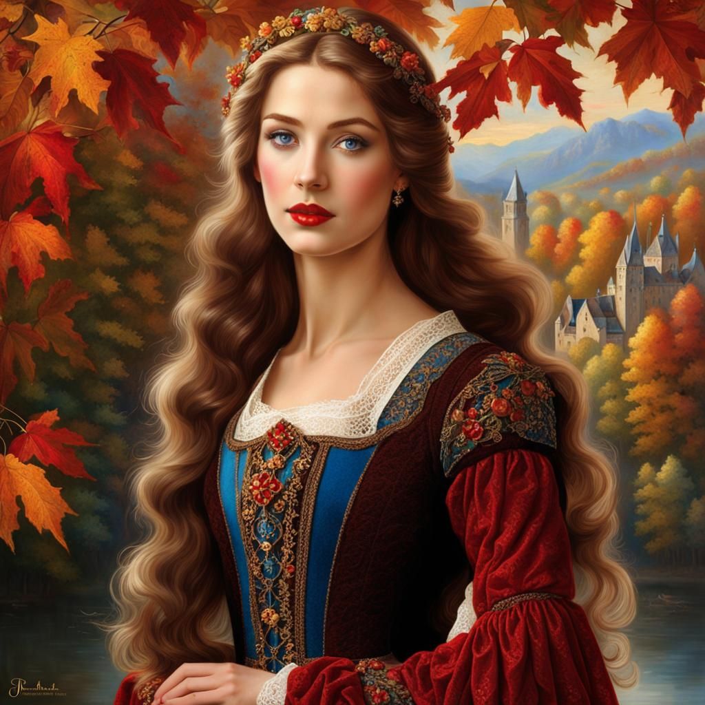 "Closeup  medieval portrait, Beautiful medieval autumn lady ...