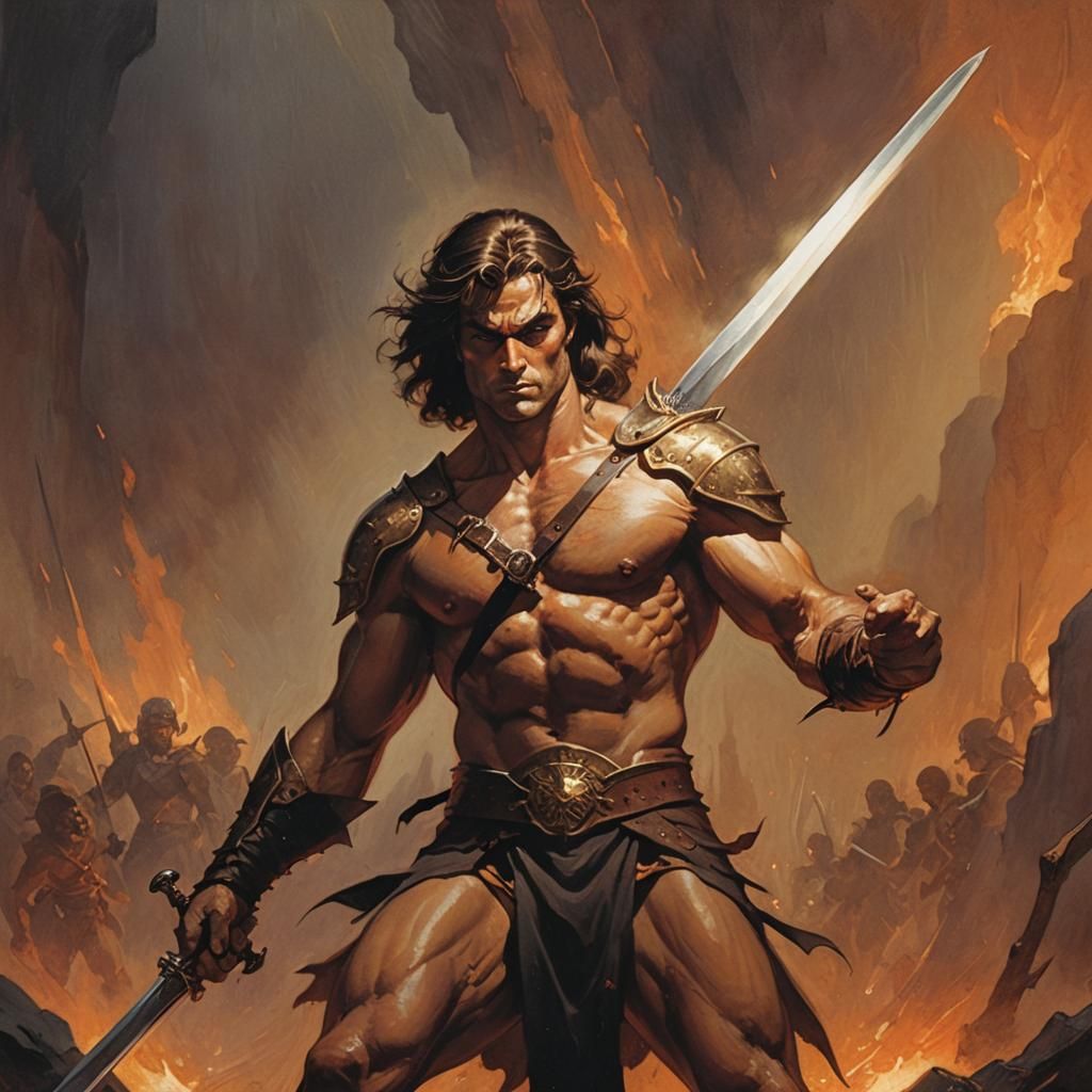 Heroic Warrior with Sword in Firelight: Frazetta Style