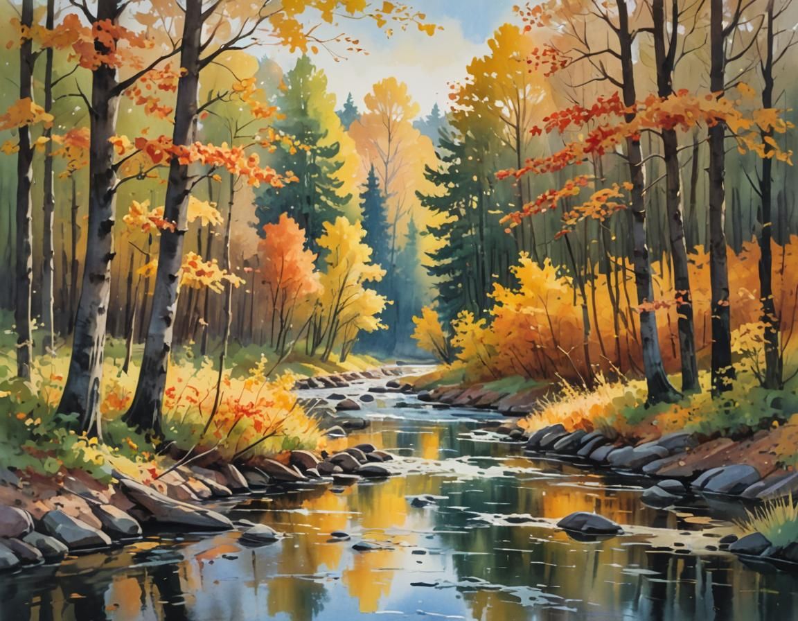 Impressionist Autumn Forest River in Gouache Style