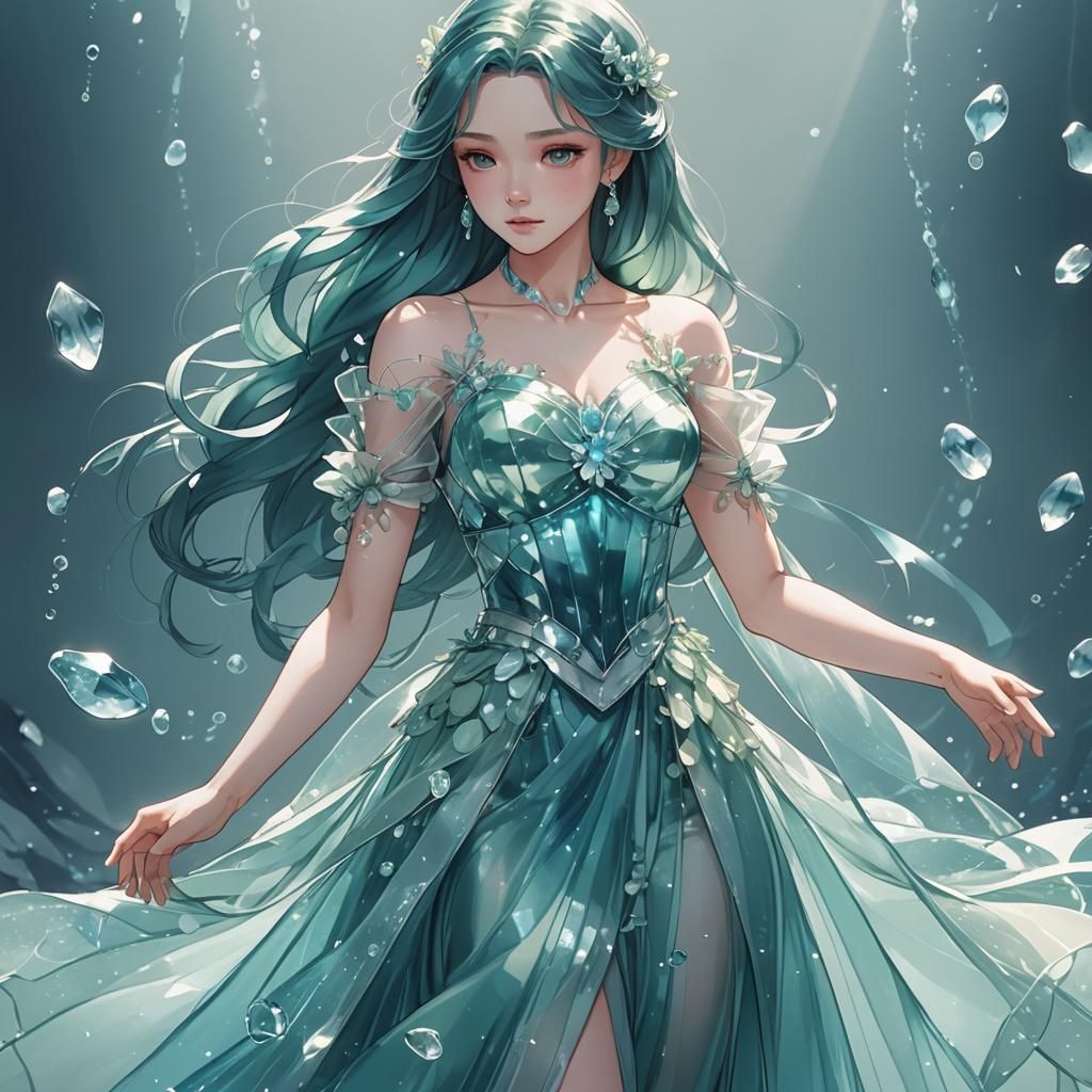 Aquamarine Gown Shimmers in Anime Style