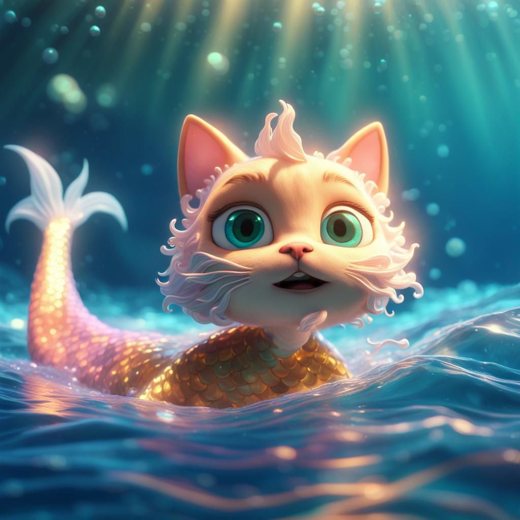 Adorable CGI cartoon cat mermaid, ocean cat fishing