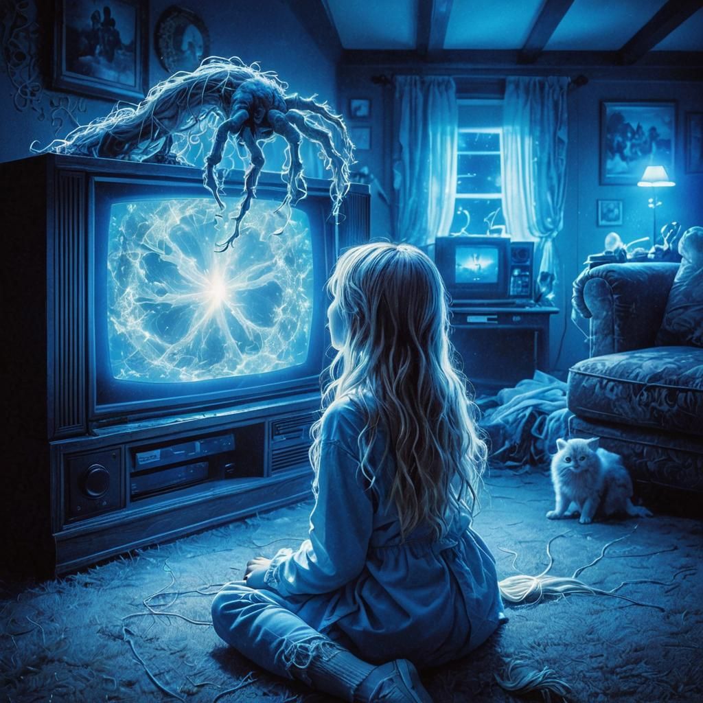 Fantasy Scene: Girl and Ghostly Arm on TV