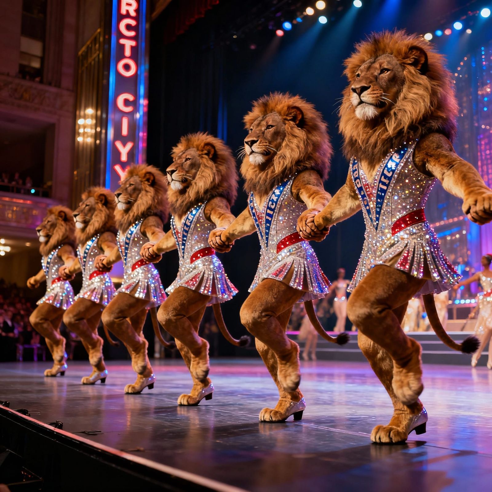 Lions in Rockettes Uniforms Dance the Can-Can