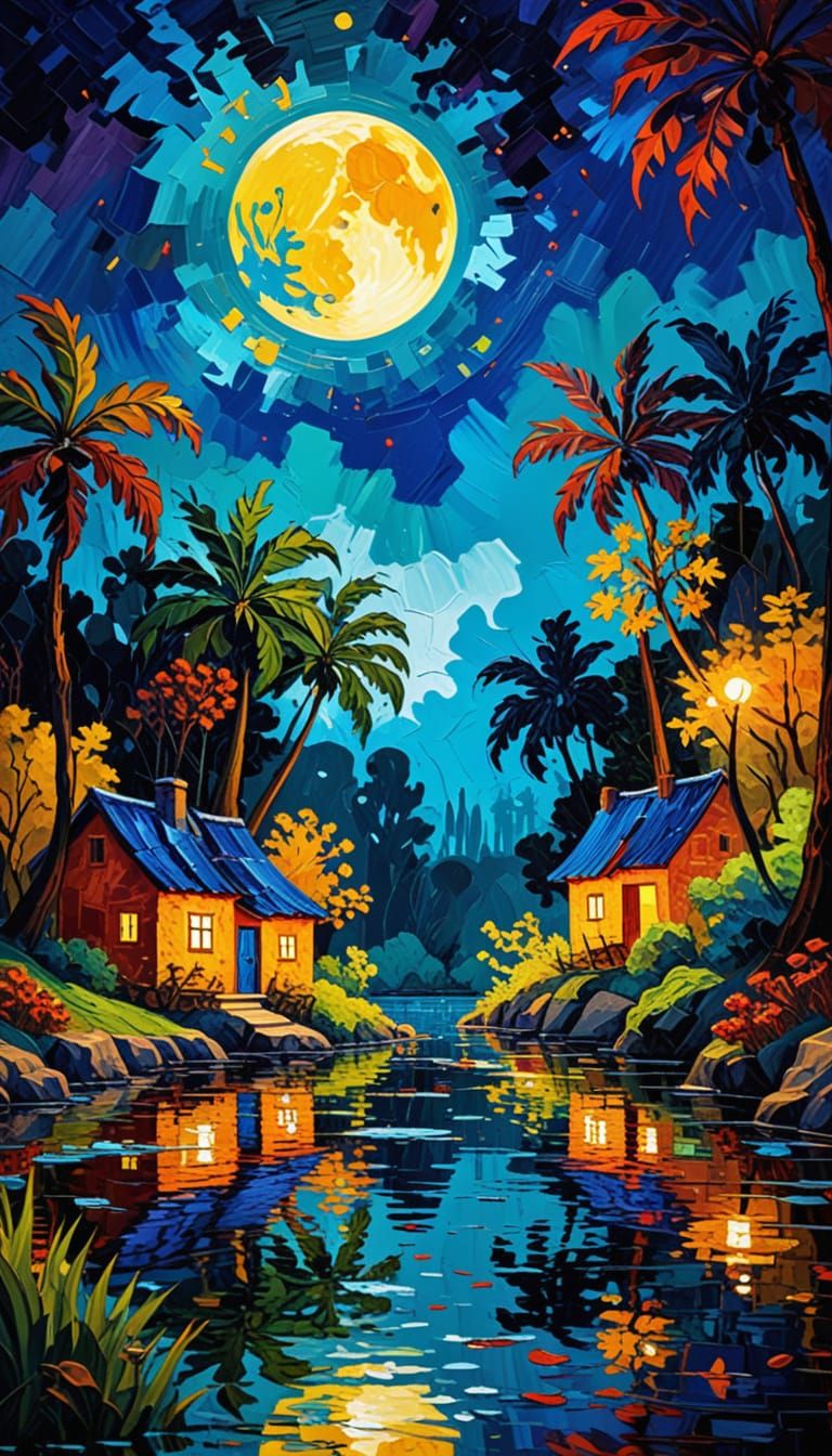 Ethereal Impasto Painting of Alien Jungle Village under Dual...