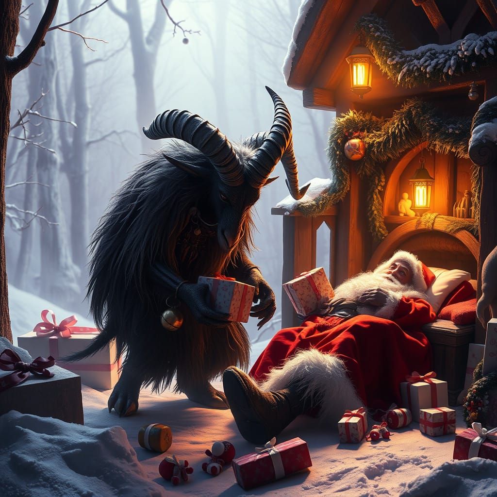 Dark Fantasy Krampus Steals Presents from Santa Claus Master...