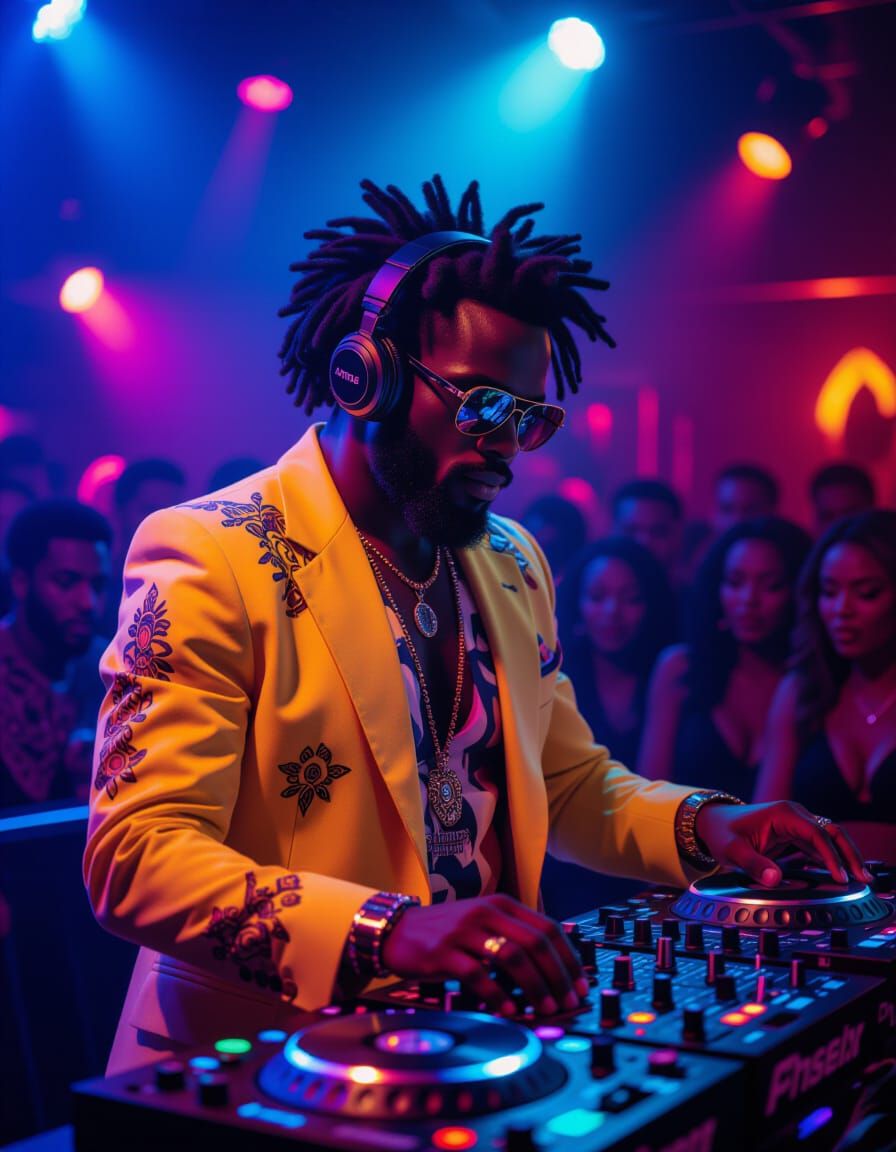 Futuristic Afrobeat DJ in Crowded Nightclub