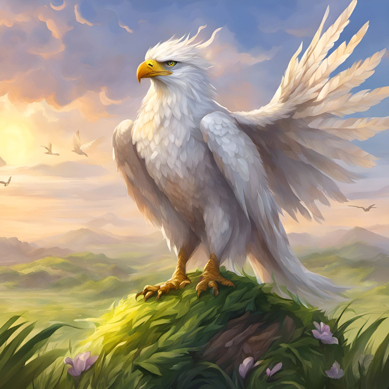 Majestic Griffin Perched in Lush Fantasy Field